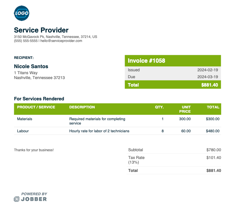 Field Service Invoice (#1058 + 13% Tax)