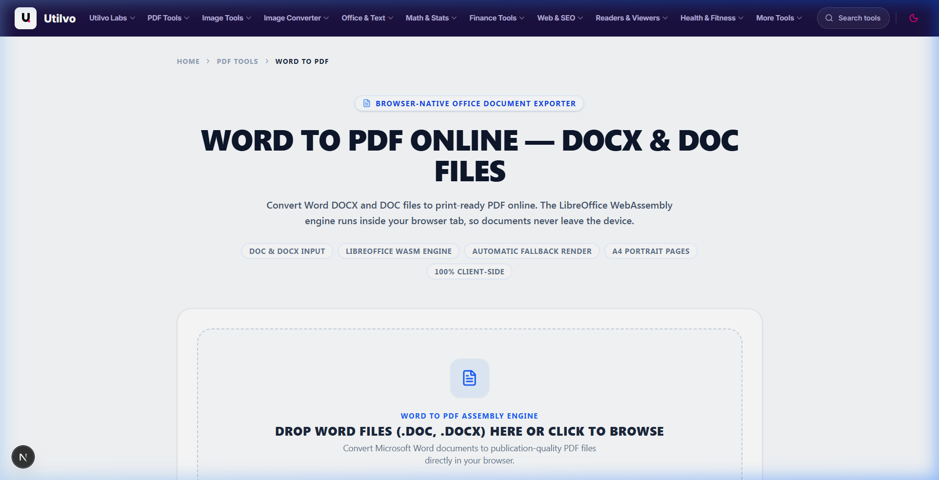 Utilvo Word to PDF converter interface showing dropzone and document parsing engine