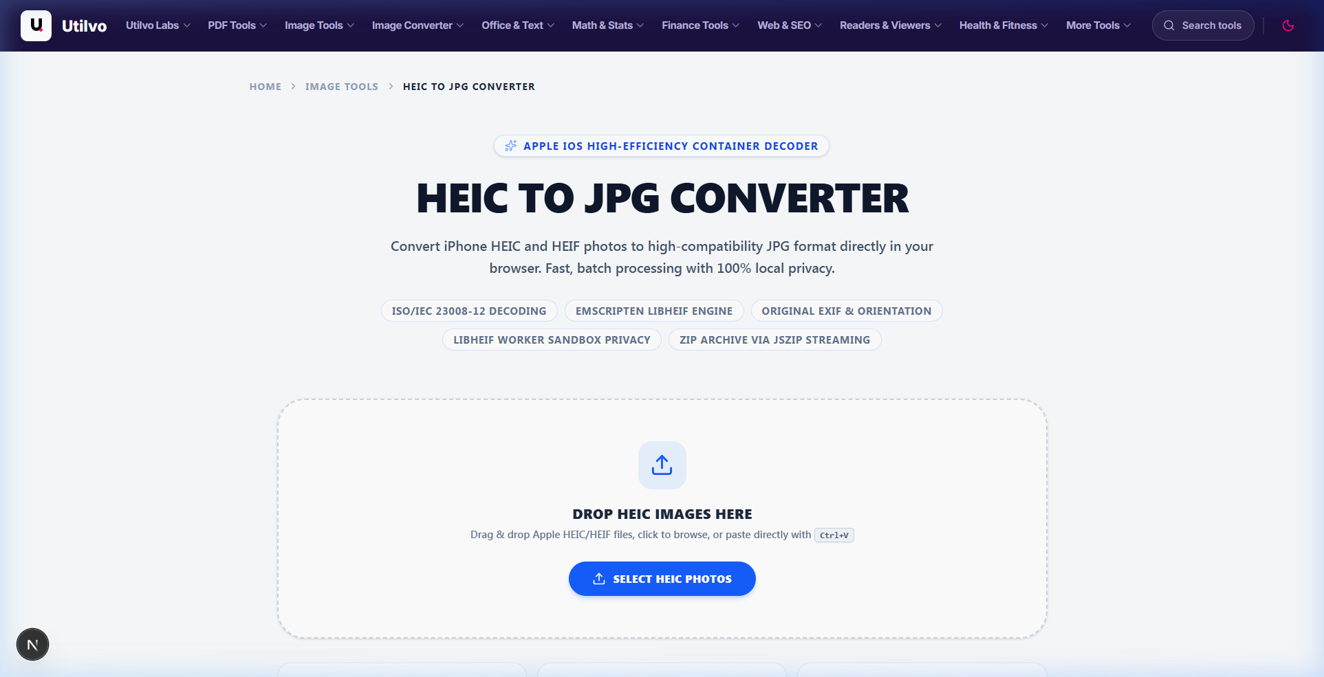 Utilvo HEIC to JPG converter interface showing upload dropzone and browser-native libheif WebAssembly decoder