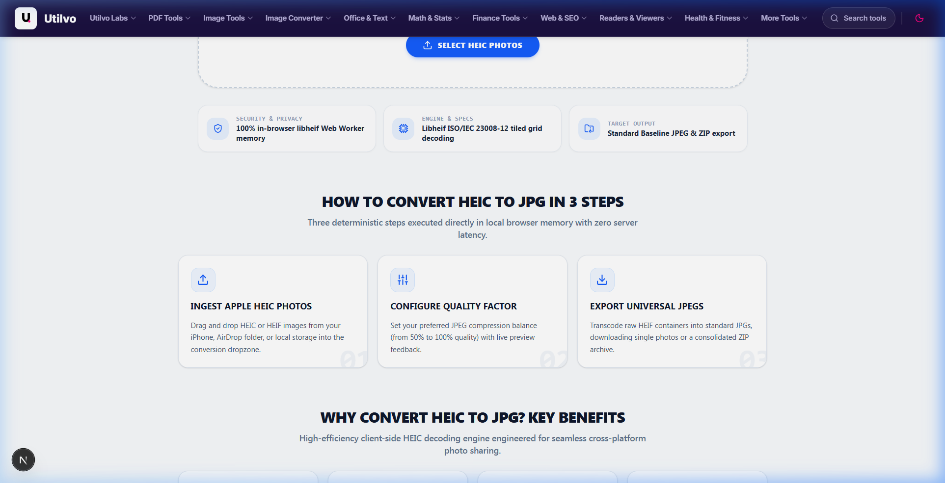 Utilvo HEIC conversion features showing EXIF preservation, zero file upload security, and batch processing