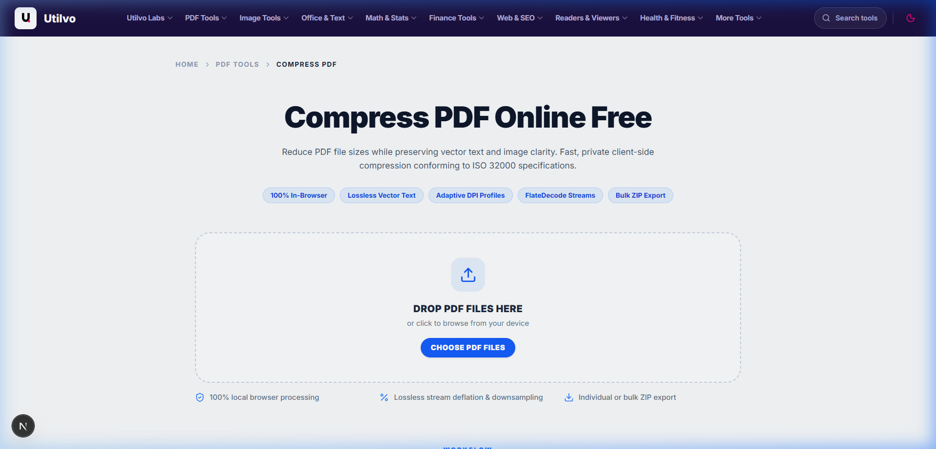 Utilvo Compress PDF upload screen for selecting PDF files