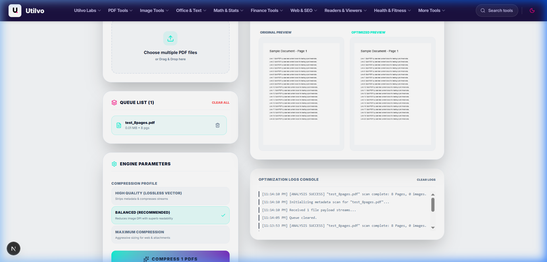 Utilvo Compress PDF workspace showing document analysis, compression profiles, and thumbnail preview