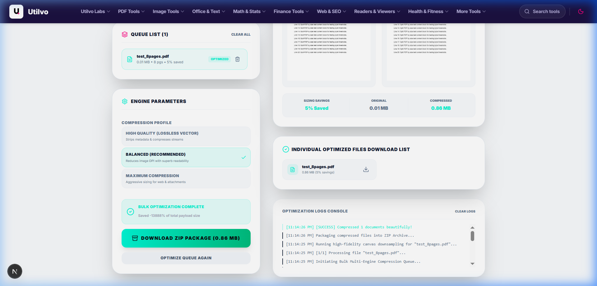 Utilvo Compress PDF completed screen with size savings percentage and download button