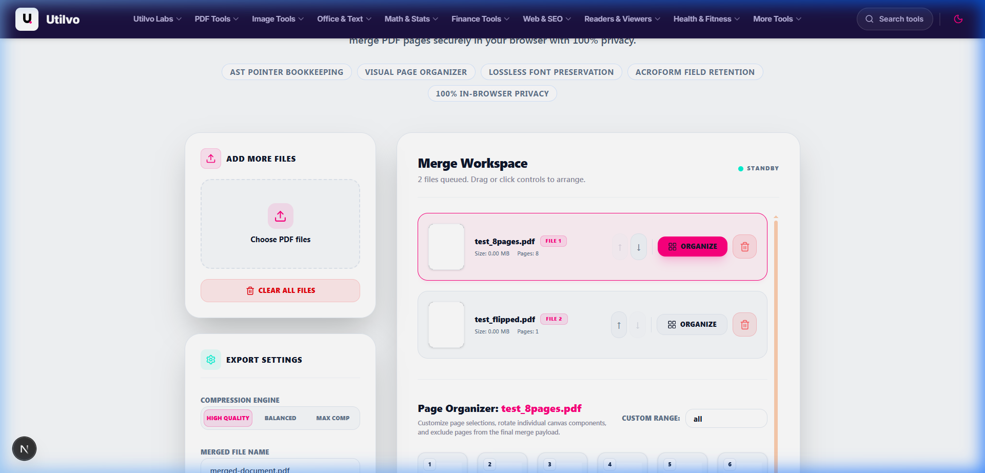 Utilvo Merge PDF visual workspace