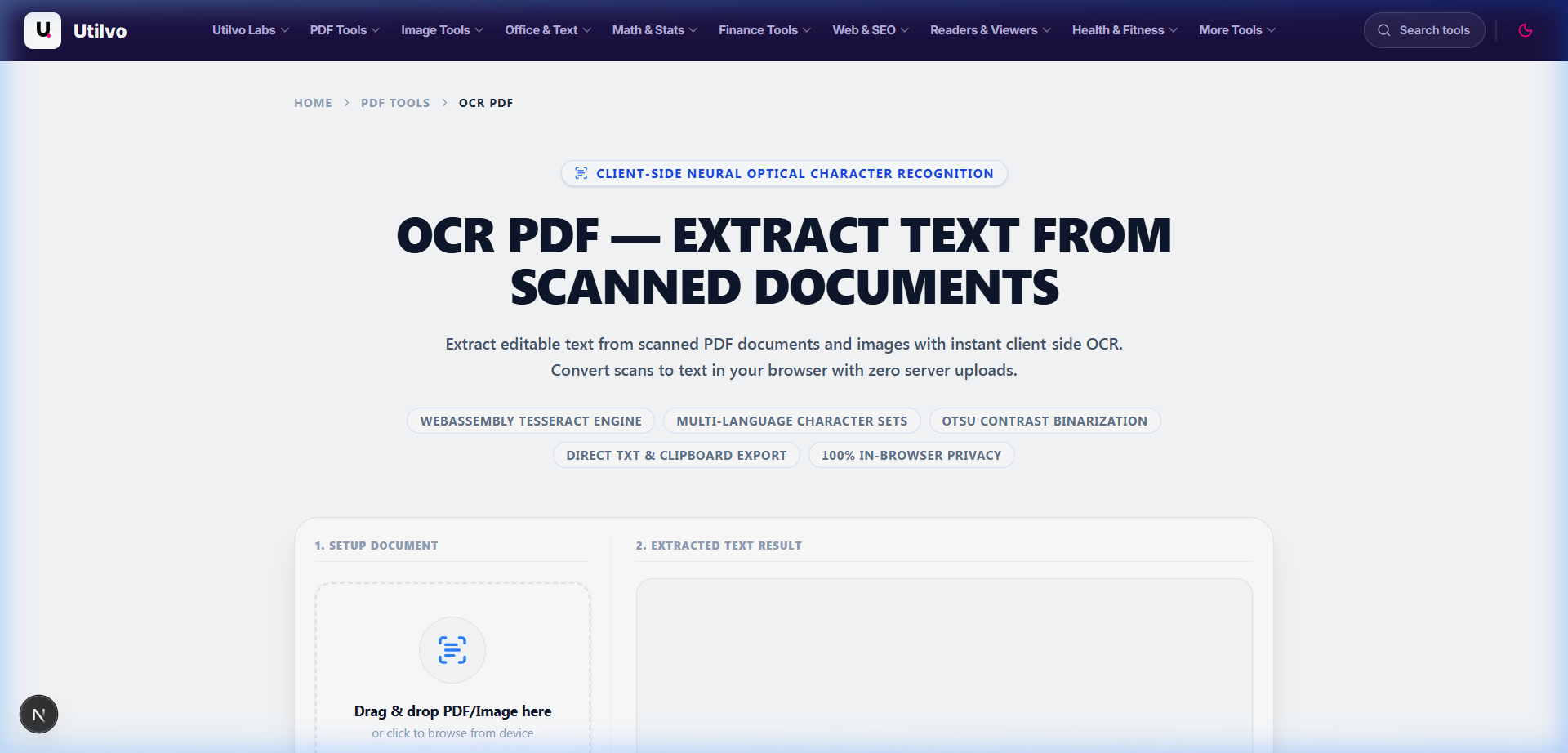 Utilvo OCR PDF initial upload dropzone showing drag-and-drop ingestion target and WebAssembly engine features