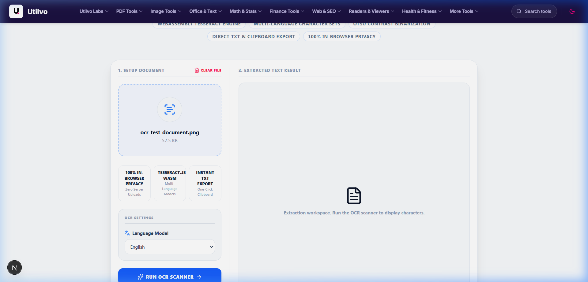 Utilvo OCR PDF workspace displaying loaded document preview, language dropdown selector, and Run OCR Scanner button