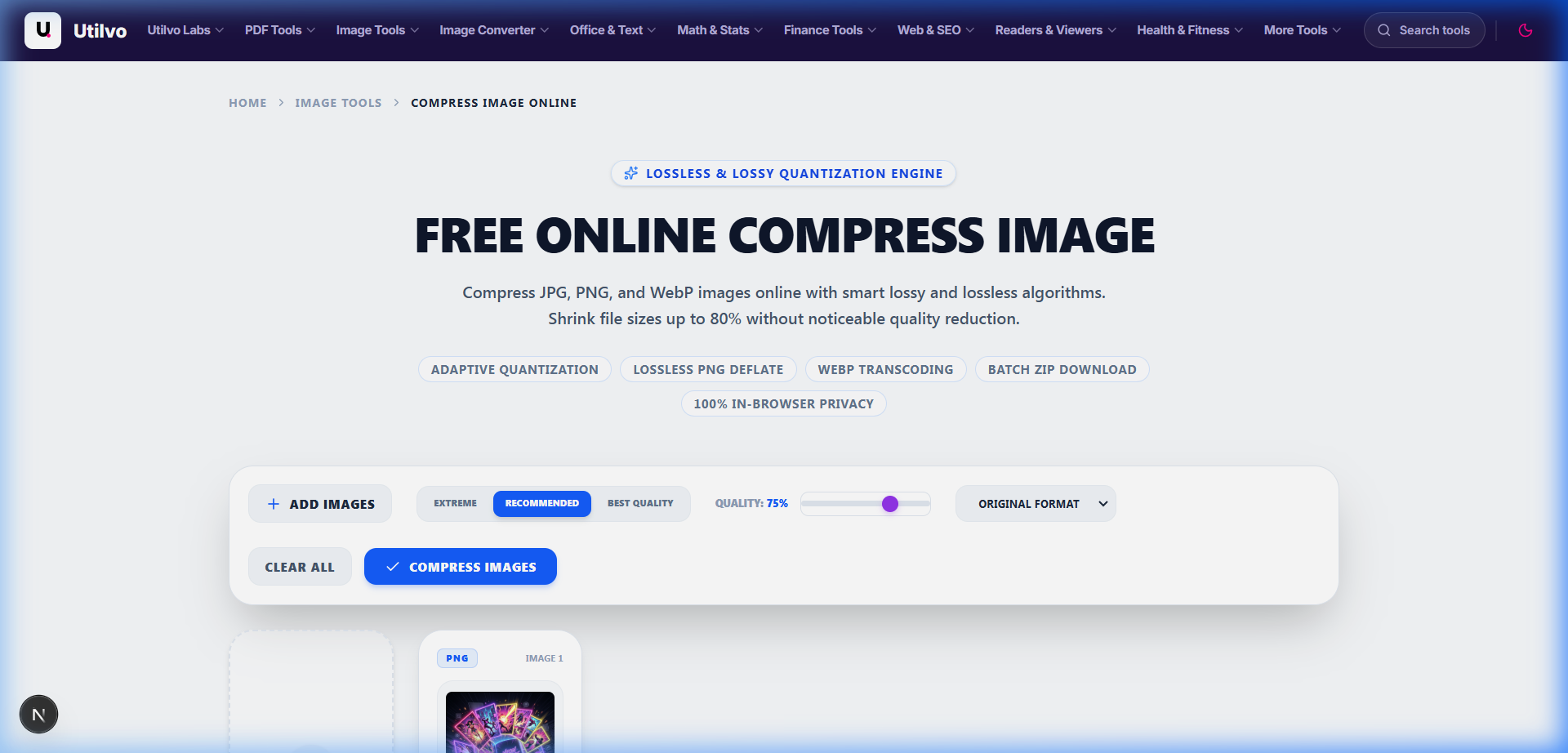 Utilvo Compress Image workspace showing compression quality slider, WebP format selection, and real-time preview