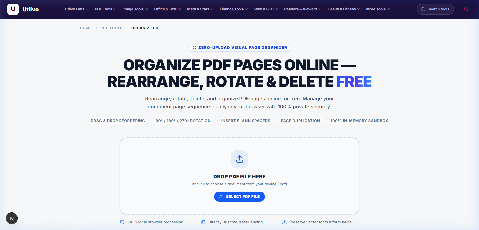 Utilvo Organize PDF upload screen for selecting PDF files