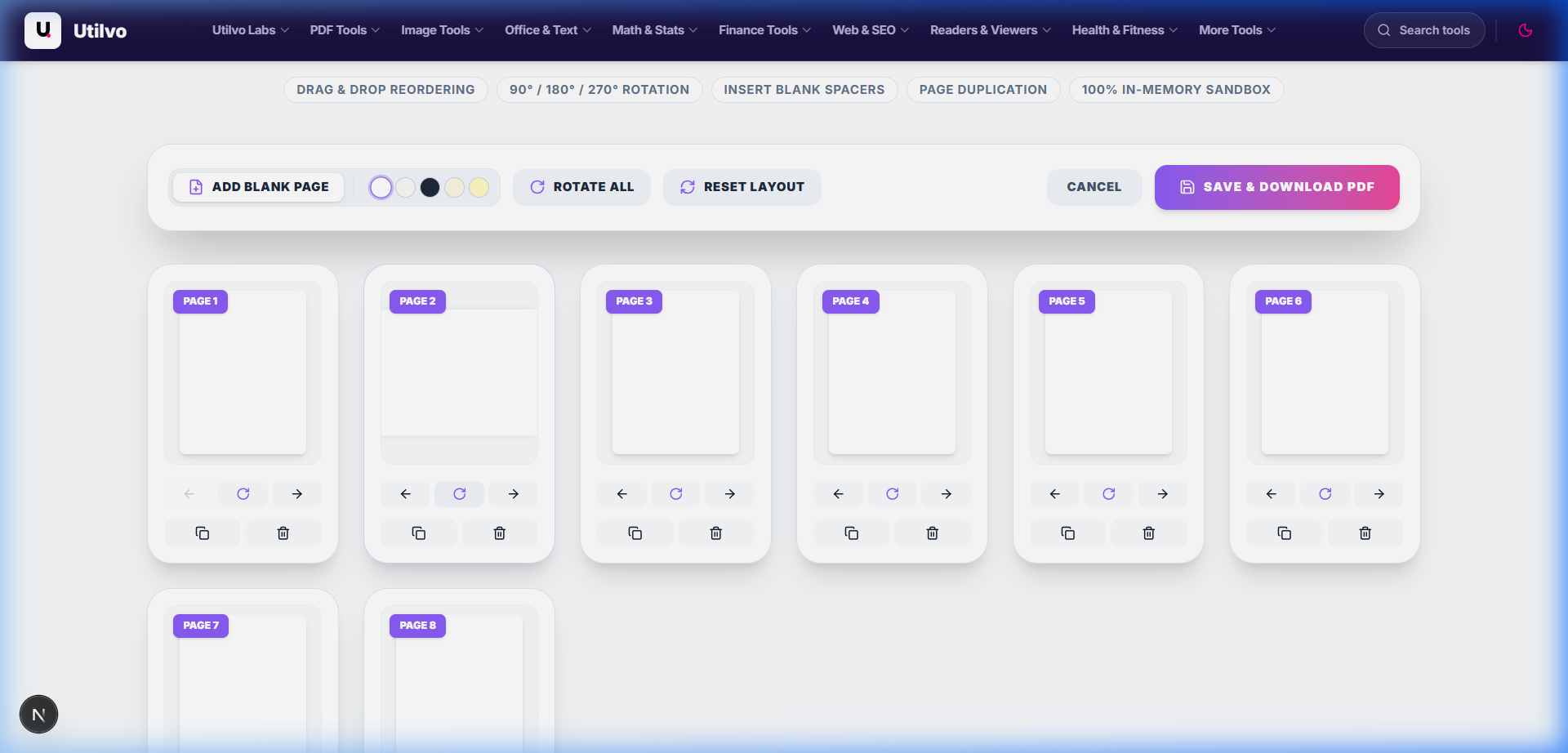 Utilvo Organize PDF workspace showing thumbnail grid, reorder buttons, and page controls