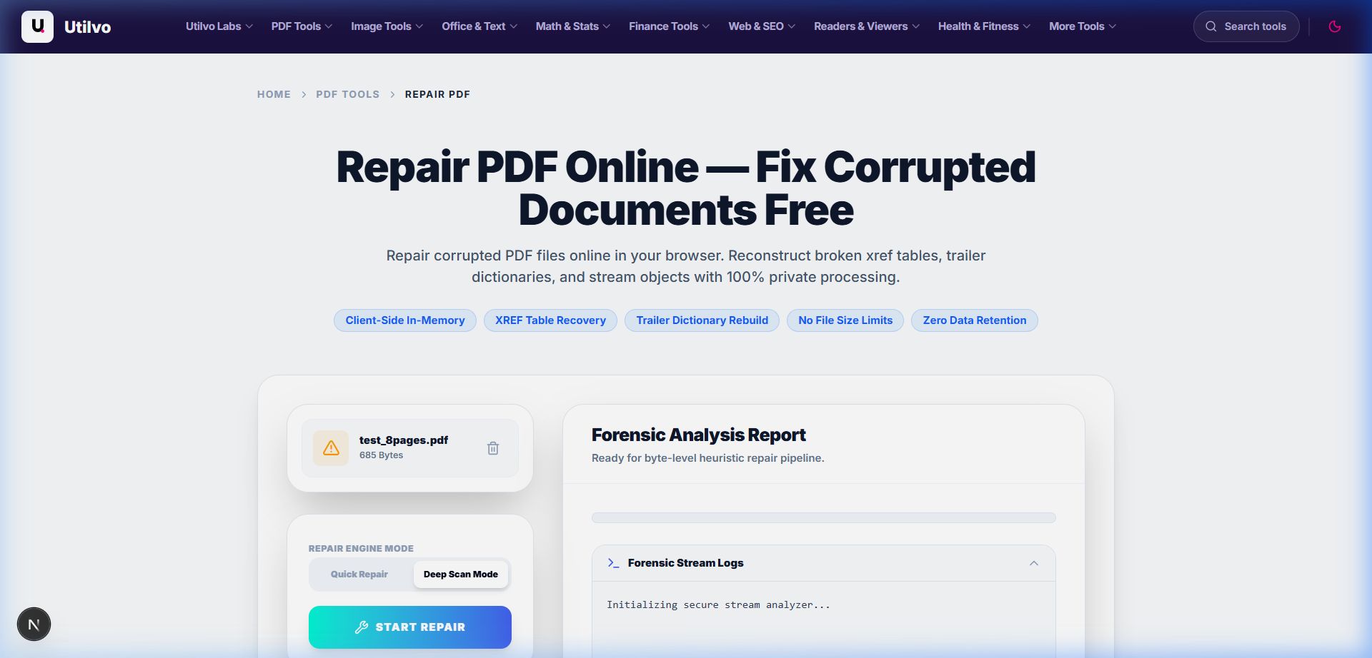 Utilvo Repair PDF workspace displaying uploaded file details, engine mode selection, and forensic analysis report module