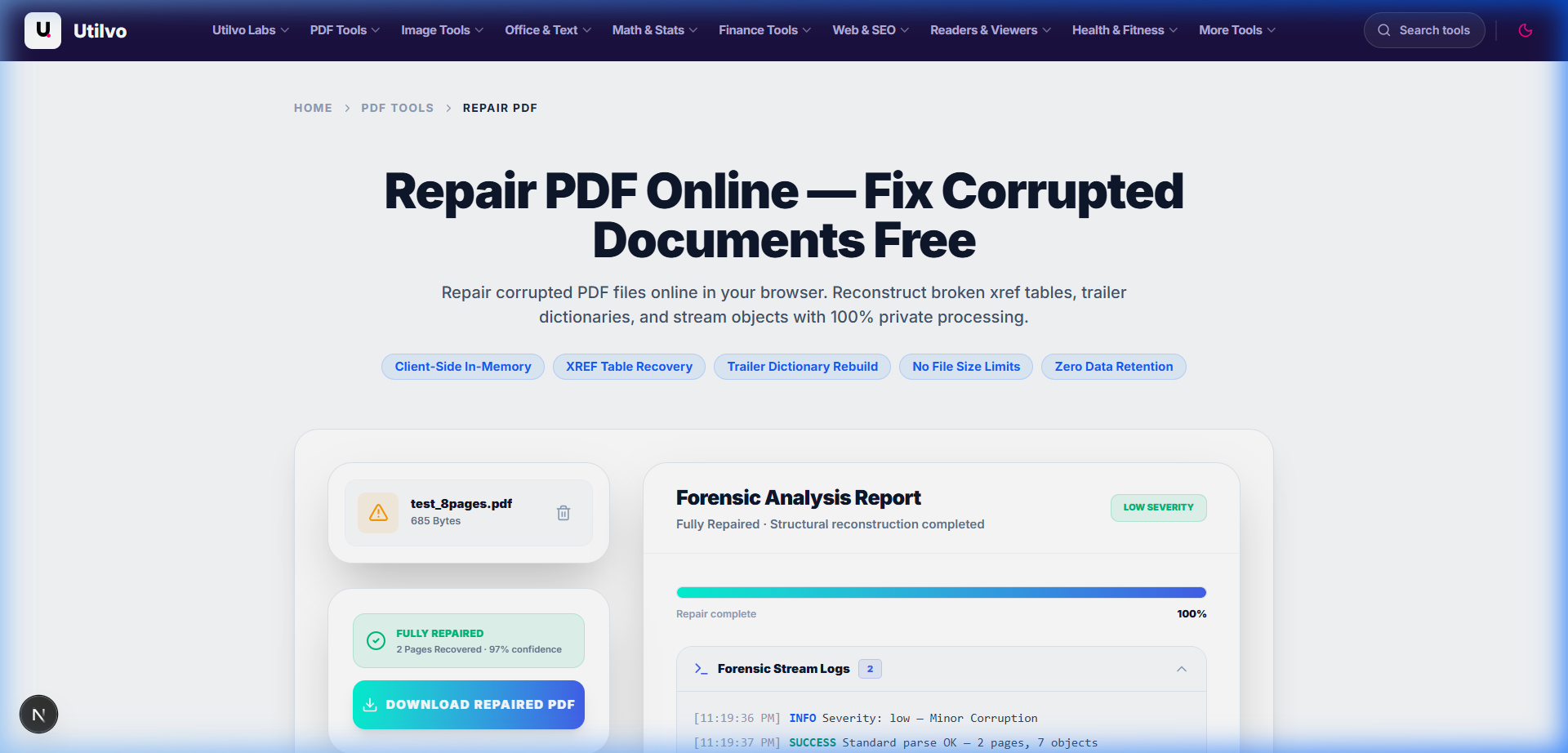 Utilvo Repair PDF completed state showing forensic stream logs, recovery confidence metric, and Download Repaired PDF button
