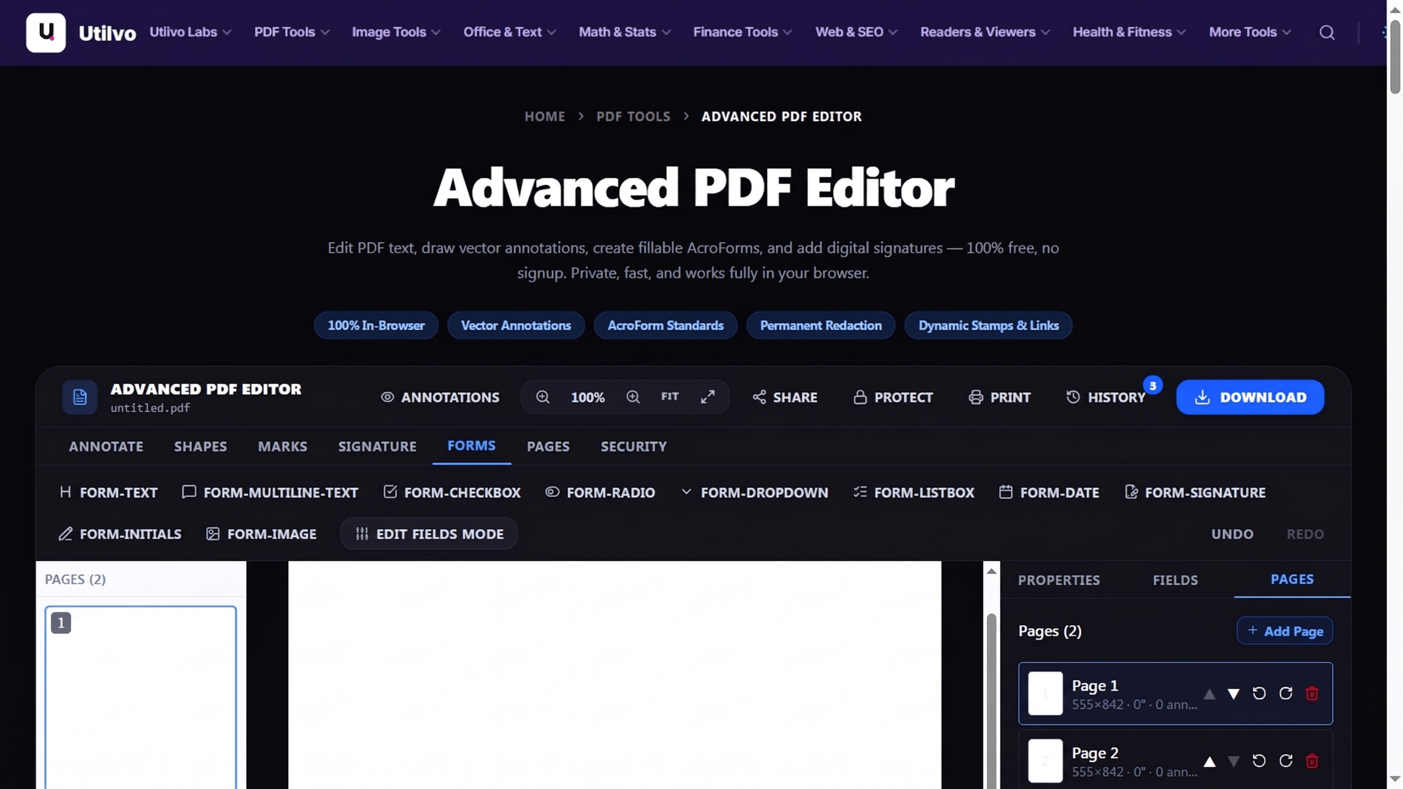 Utilvo Advanced PDF Editor workspace with all toolbar groups visible