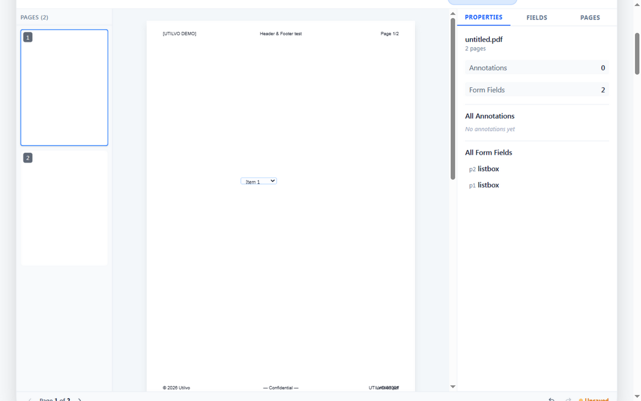 Page 1 of the Utilvo Advanced PDF Editor with a running header, footer, and a UTILVO-00001 Bates stamp at the top right corner