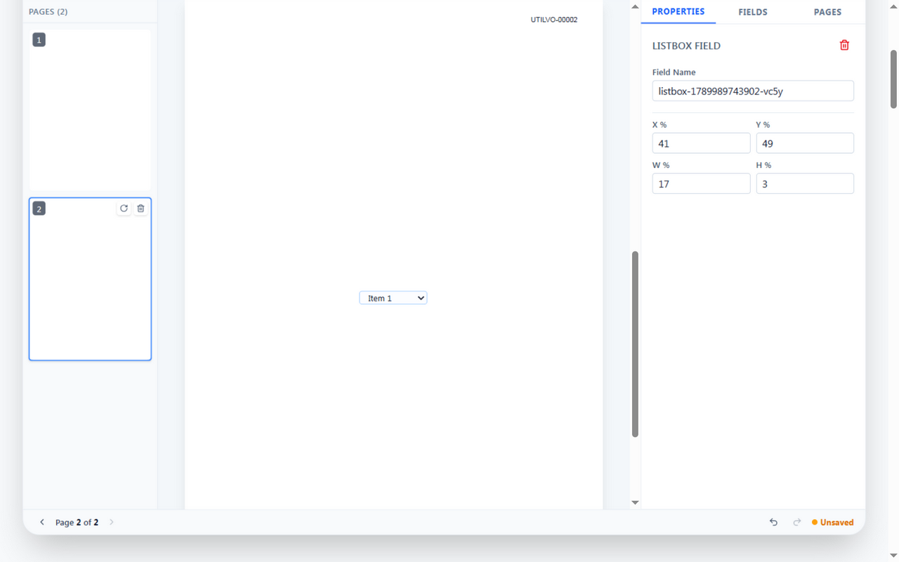 Page 2 of the Utilvo Advanced PDF Editor showing UTILVO-00002 Bates stamp at top-right and a freshly placed FORM-LISTBOX field at bottom-center on the inserted blank page