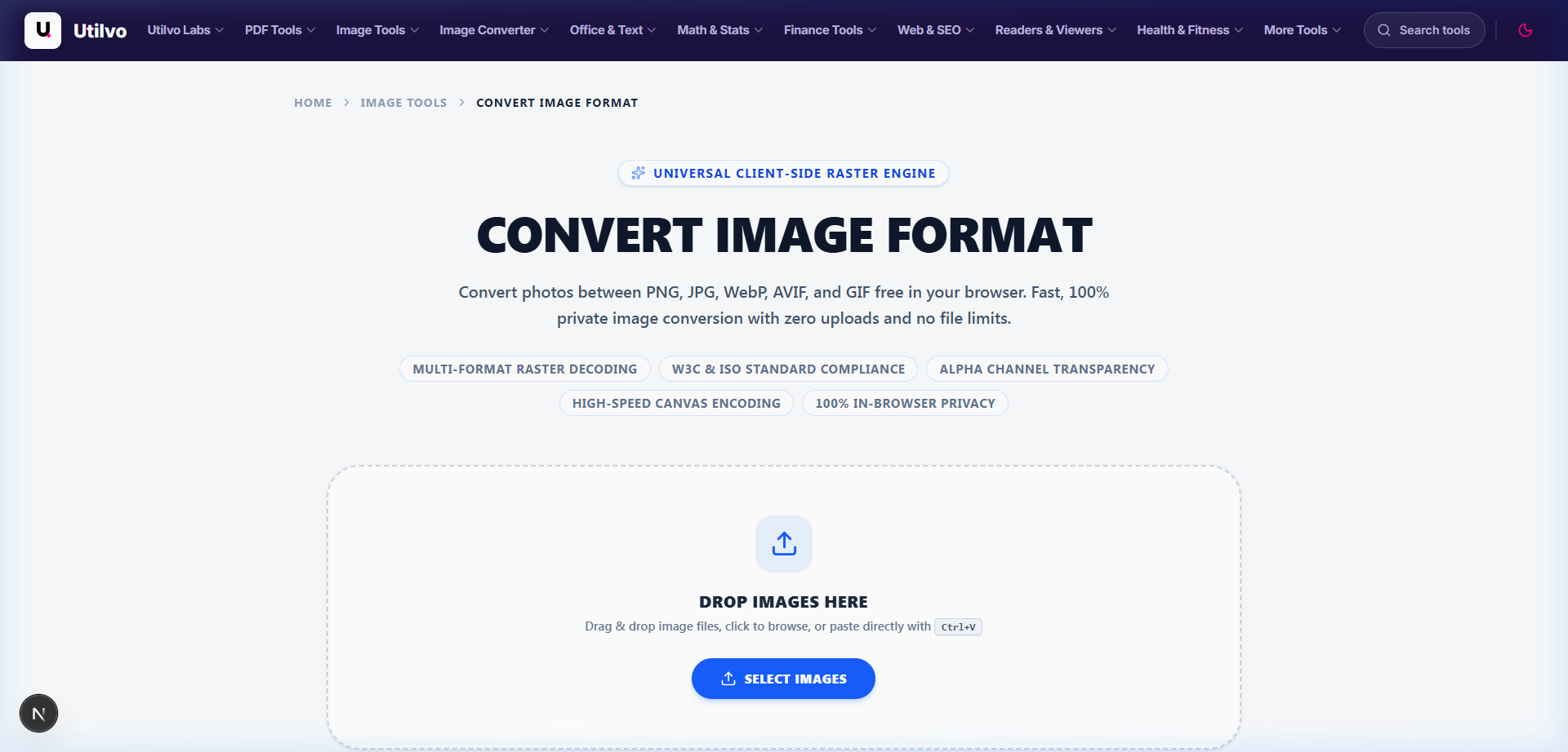 Utilvo Convert Image workspace showing initial file dropzone with zero upload warning