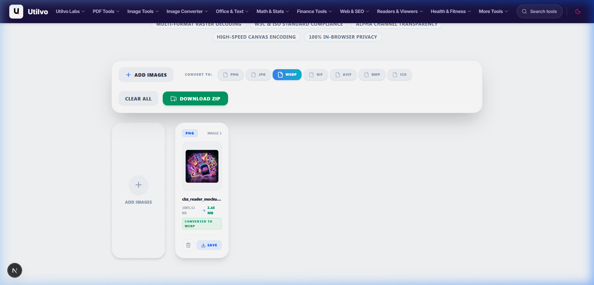 Utilvo Image Converter completion dashboard showing file size comparison and direct download trigger