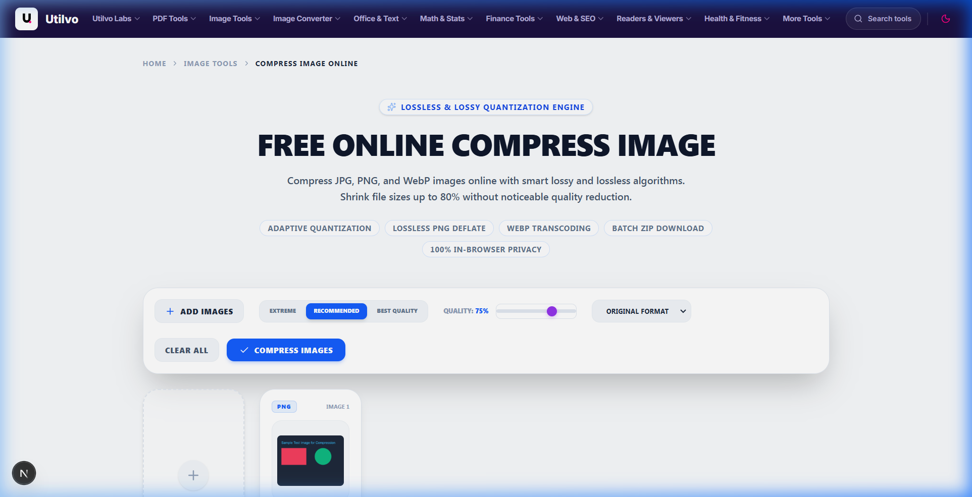 Utilvo Compress Image tool interface showing compression presets, quality slider, and output format controls
