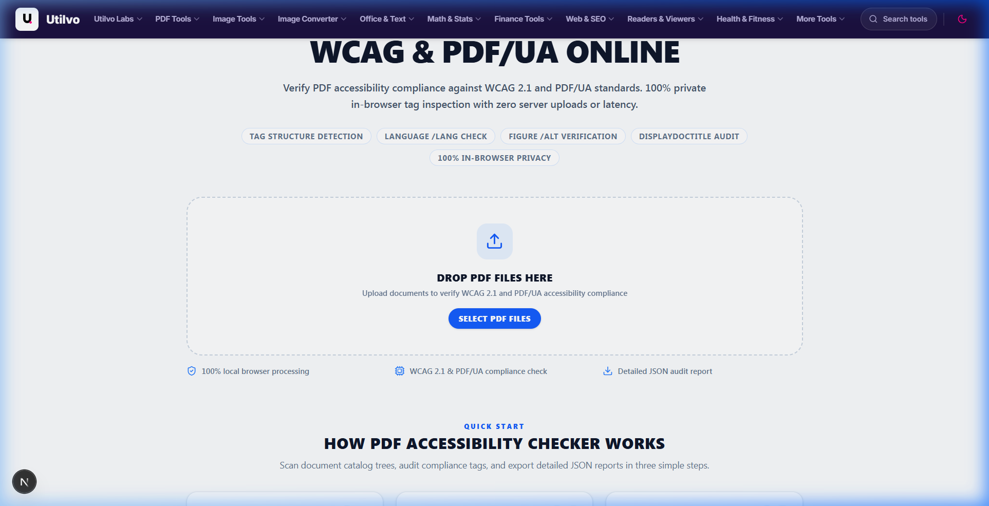 Utilvo PDF accessibility checker interface displaying file dropzone and compliance inspection controls