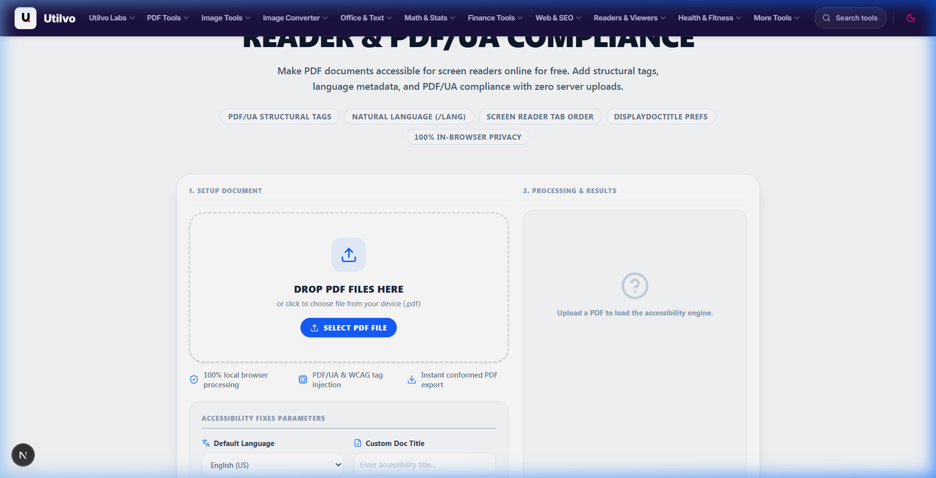Utilvo Make PDF Accessible workflow interface configuring structural tags, language metadata, and PDF/UA standards