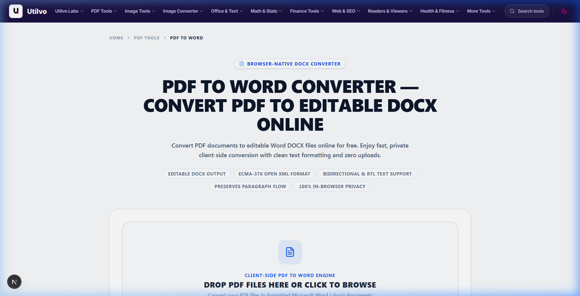 Utilvo PDF to Word converter interface showing dropzone and document parsing engine