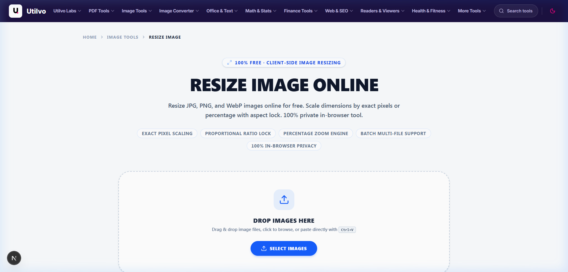 Utilvo Resize Image tool dropzone displaying native image dimensions and file size