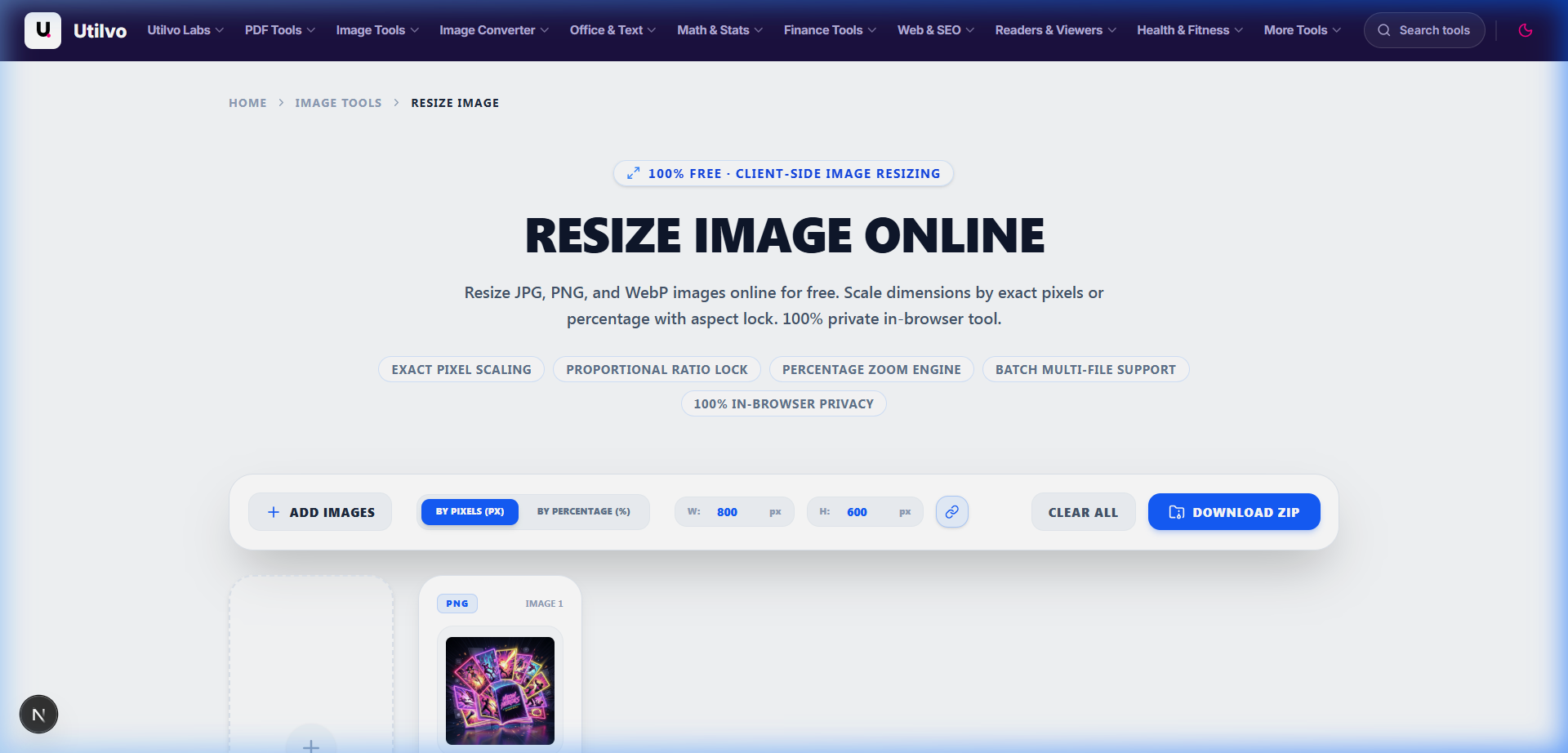 Utilvo Image Resizer completed dashboard showing final dimensions and download button